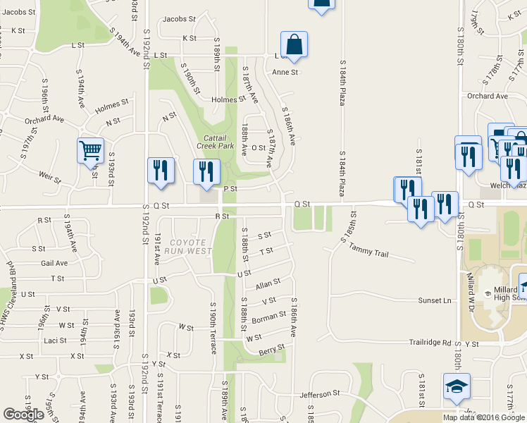 map of restaurants, bars, coffee shops, grocery stores, and more near 18704 R Street in Omaha