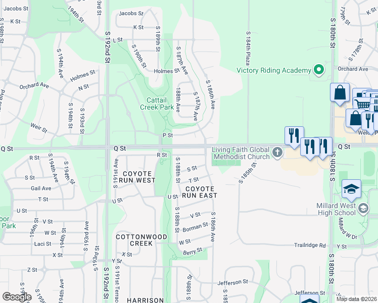 map of restaurants, bars, coffee shops, grocery stores, and more near 18704 R Street in Omaha