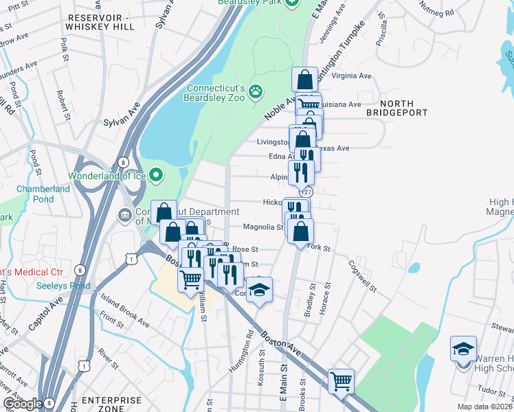 map of restaurants, bars, coffee shops, grocery stores, and more near 94 Hickory Street in Bridgeport