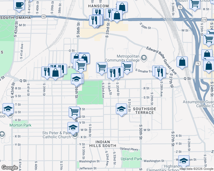 map of restaurants, bars, coffee shops, grocery stores, and more near 3308 R Street in Omaha