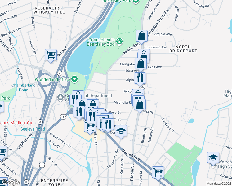 map of restaurants, bars, coffee shops, grocery stores, and more near 94 Hickory Street in Bridgeport