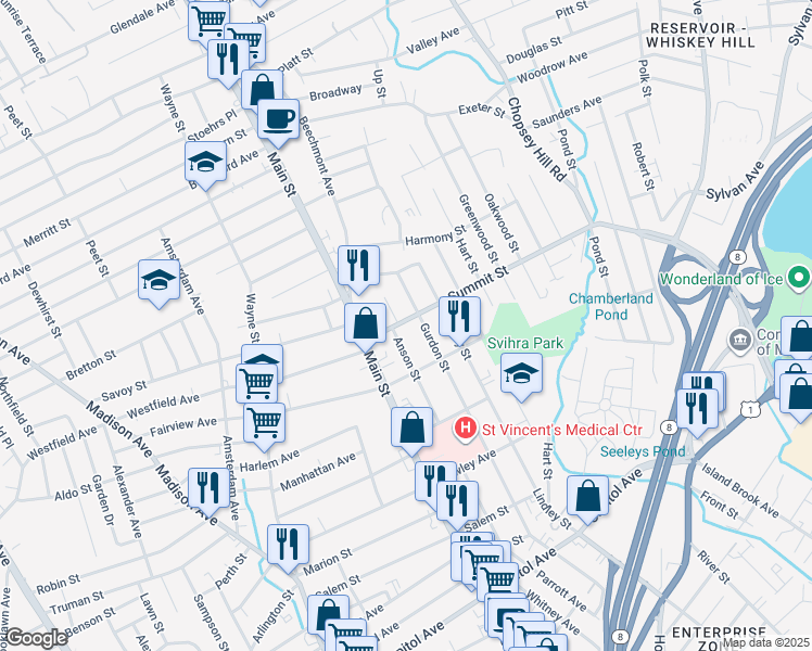 map of restaurants, bars, coffee shops, grocery stores, and more near 425 Summit Street in Bridgeport