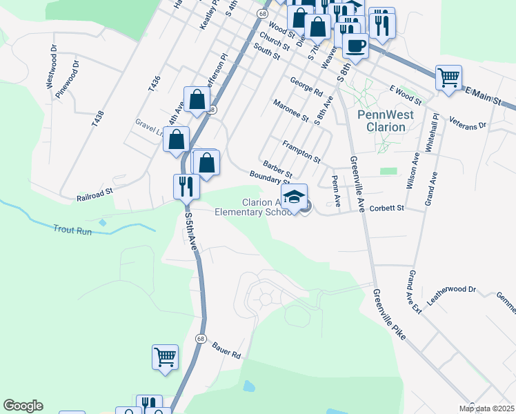 map of restaurants, bars, coffee shops, grocery stores, and more near 724-798 Boundary Street in Clarion