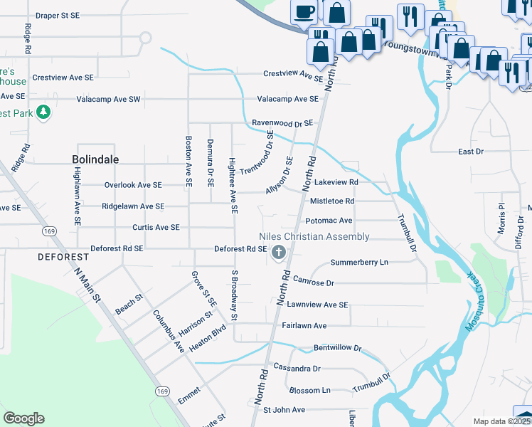 map of restaurants, bars, coffee shops, grocery stores, and more near 755 Mauro Circle Southeast in Warren