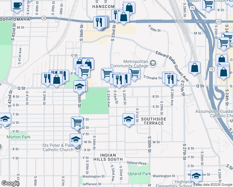 map of restaurants, bars, coffee shops, grocery stores, and more near 3308 R Street in Omaha