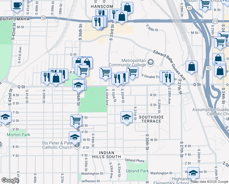 map of restaurants, bars, coffee shops, grocery stores, and more near 3308 R Street in Omaha