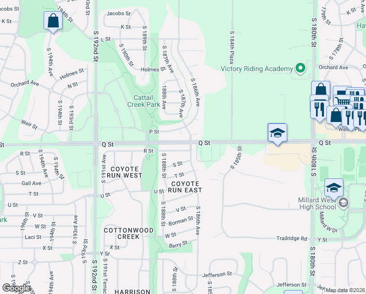 map of restaurants, bars, coffee shops, grocery stores, and more near 18704 R Street in Omaha