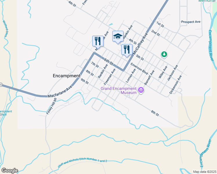 map of restaurants, bars, coffee shops, grocery stores, and more near 111 8th Street in Encampment