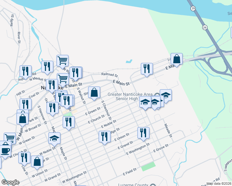 map of restaurants, bars, coffee shops, grocery stores, and more near 365 East Broad Street in Nanticoke