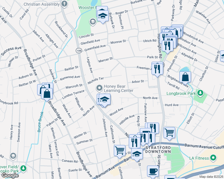 map of restaurants, bars, coffee shops, grocery stores, and more near 1400 North Avenue in Stratford