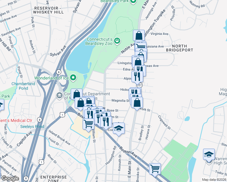map of restaurants, bars, coffee shops, grocery stores, and more near 94 Hickory Street in Bridgeport