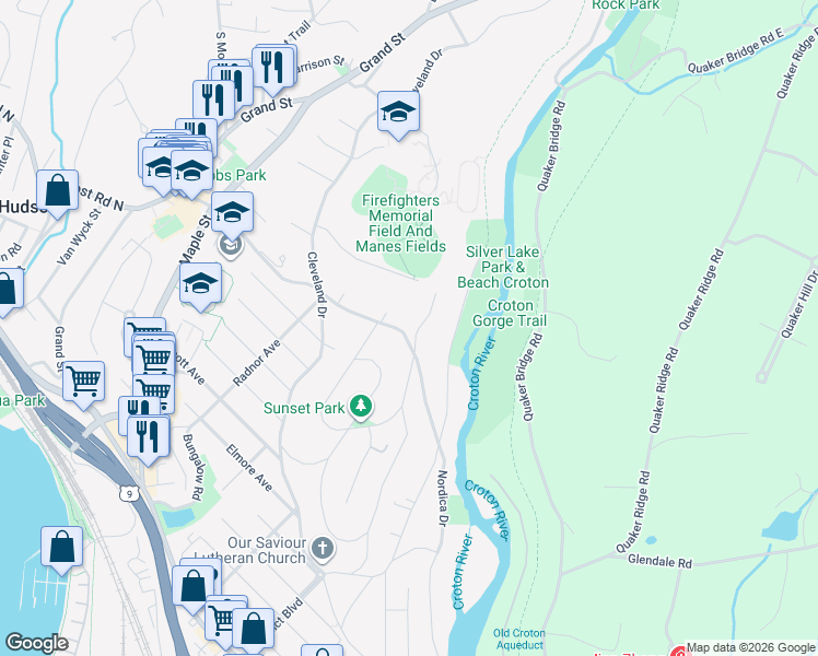 map of restaurants, bars, coffee shops, grocery stores, and more near 115 Post Road in Croton-on-Hudson