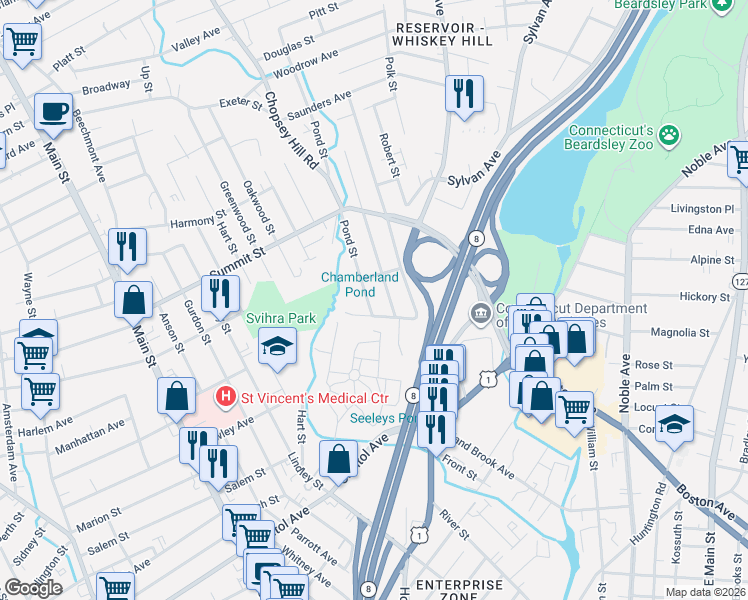 map of restaurants, bars, coffee shops, grocery stores, and more near 30 Pond Street in Bridgeport