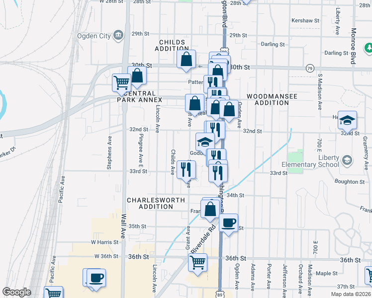 map of restaurants, bars, coffee shops, grocery stores, and more near 3241 Grant Avenue in Ogden