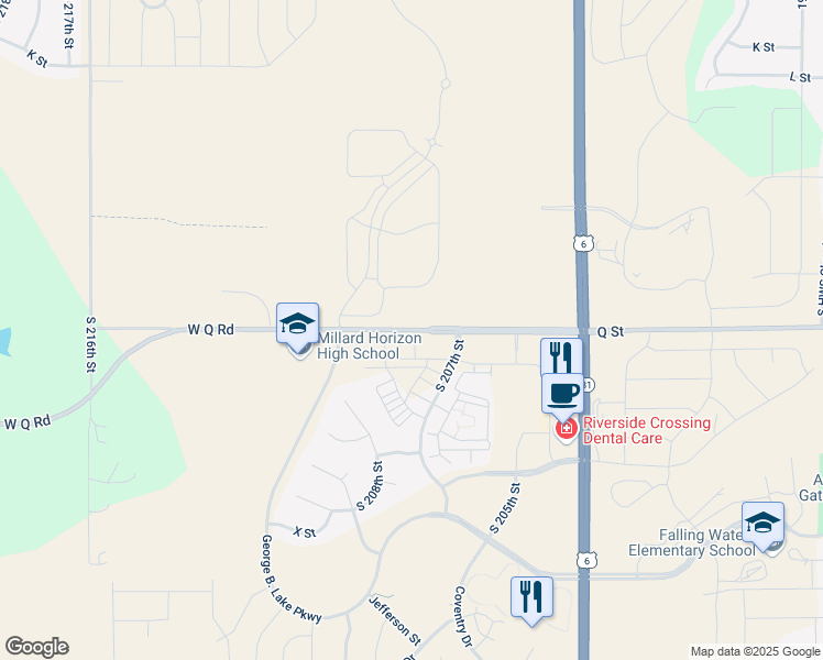 map of restaurants, bars, coffee shops, grocery stores, and more near 20517 Q Street in Omaha