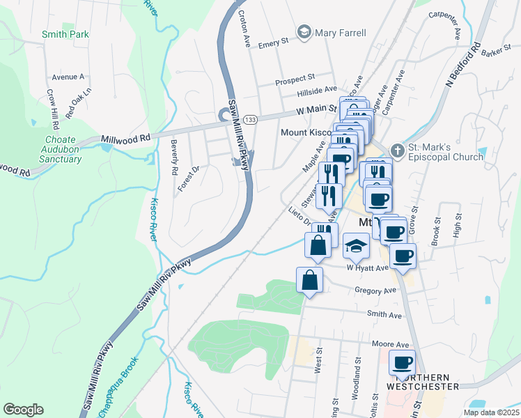 map of restaurants, bars, coffee shops, grocery stores, and more near 233 Diplomat Drive in Mount Kisco