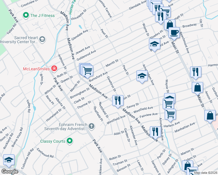 map of restaurants, bars, coffee shops, grocery stores, and more near 601 Clark Street in Bridgeport