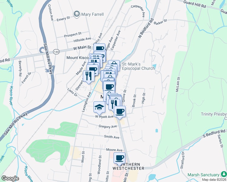 map of restaurants, bars, coffee shops, grocery stores, and more near 36 Oakridge Road in Mount Kisco
