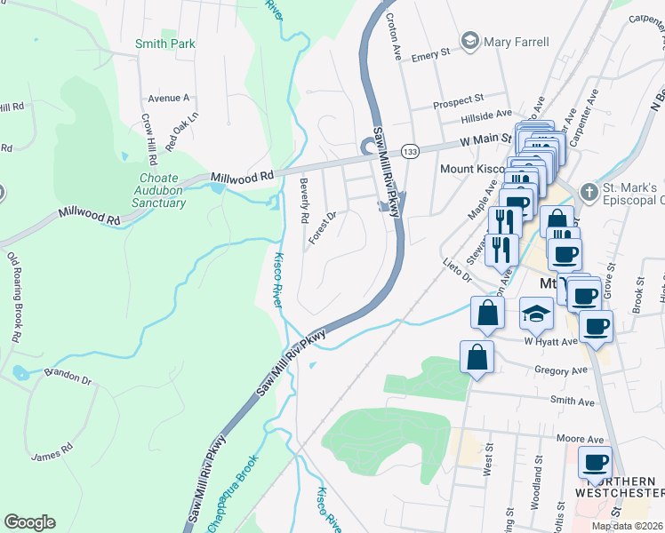 map of restaurants, bars, coffee shops, grocery stores, and more near 187 Forest Drive in Mount Kisco