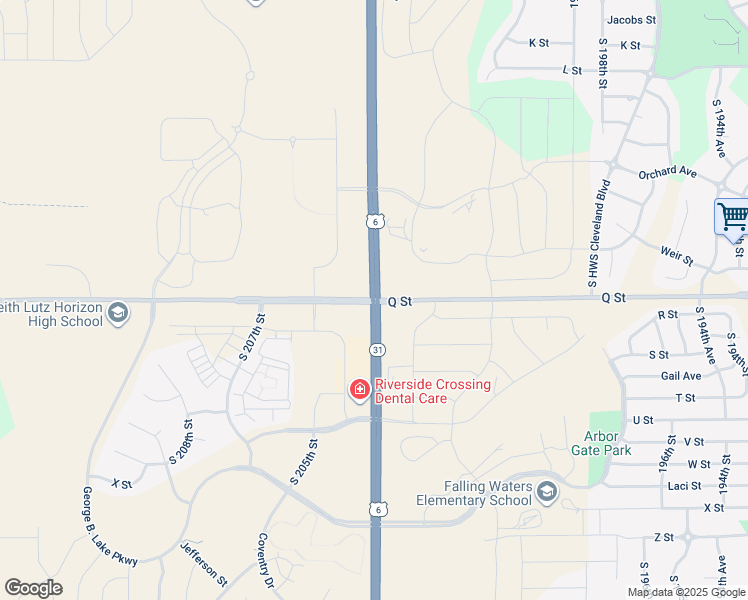 map of restaurants, bars, coffee shops, grocery stores, and more near 20400 Q Street in Douglas County