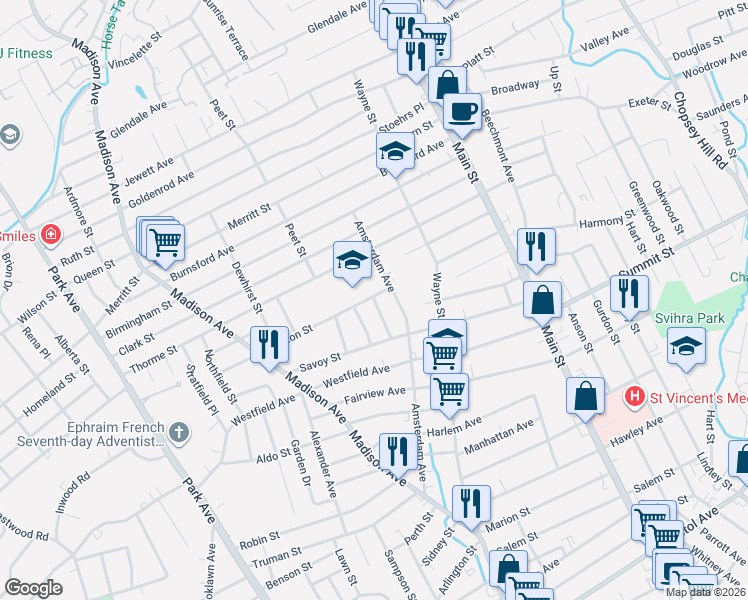 map of restaurants, bars, coffee shops, grocery stores, and more near 92 Marsdale Avenue in Bridgeport