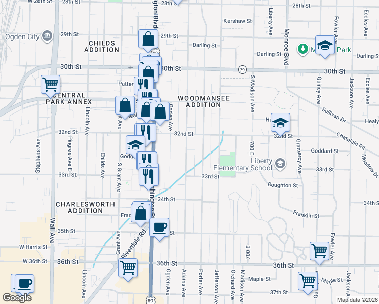 map of restaurants, bars, coffee shops, grocery stores, and more near 3236 Adams Avenue in Ogden