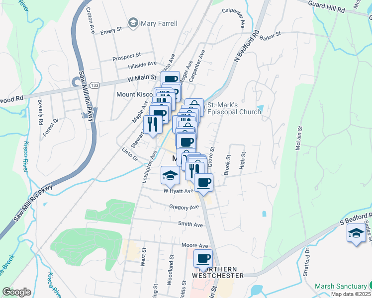 map of restaurants, bars, coffee shops, grocery stores, and more near 145 Main Street in Mount Kisco