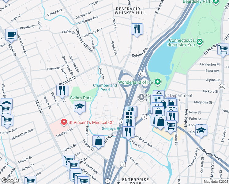 map of restaurants, bars, coffee shops, grocery stores, and more near 34 Chamberlain Avenue in Bridgeport