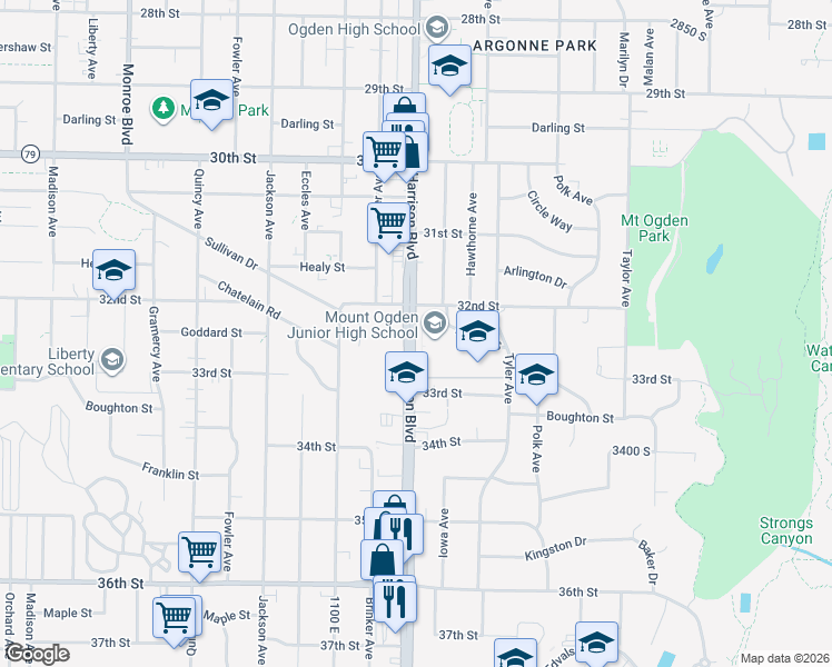 map of restaurants, bars, coffee shops, grocery stores, and more near 3260 Harrison Boulevard in Ogden