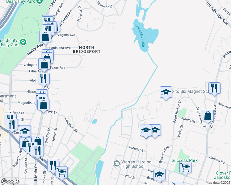 map of restaurants, bars, coffee shops, grocery stores, and more near 575 Asylum Street in Bridgeport