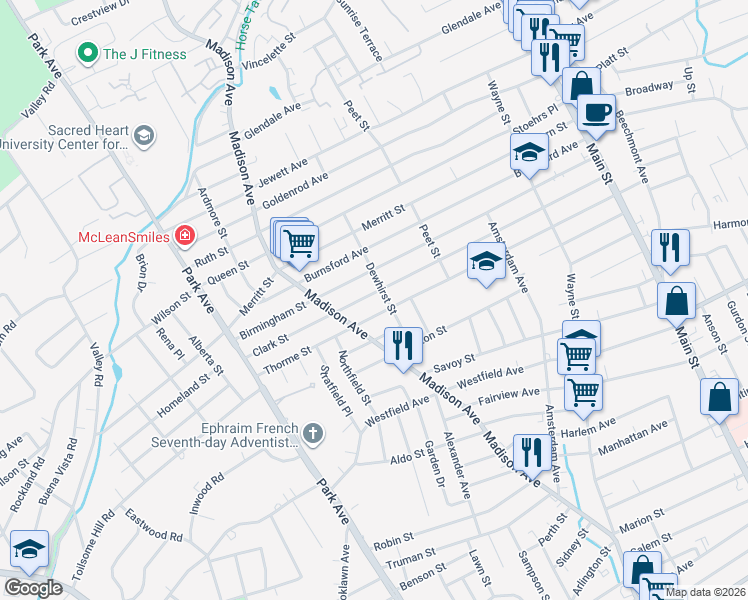 map of restaurants, bars, coffee shops, grocery stores, and more near 601 Clark Street in Bridgeport