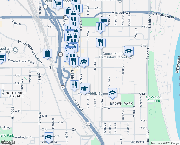 map of restaurants, bars, coffee shops, grocery stores, and more near 5218 South 22nd Street in Omaha