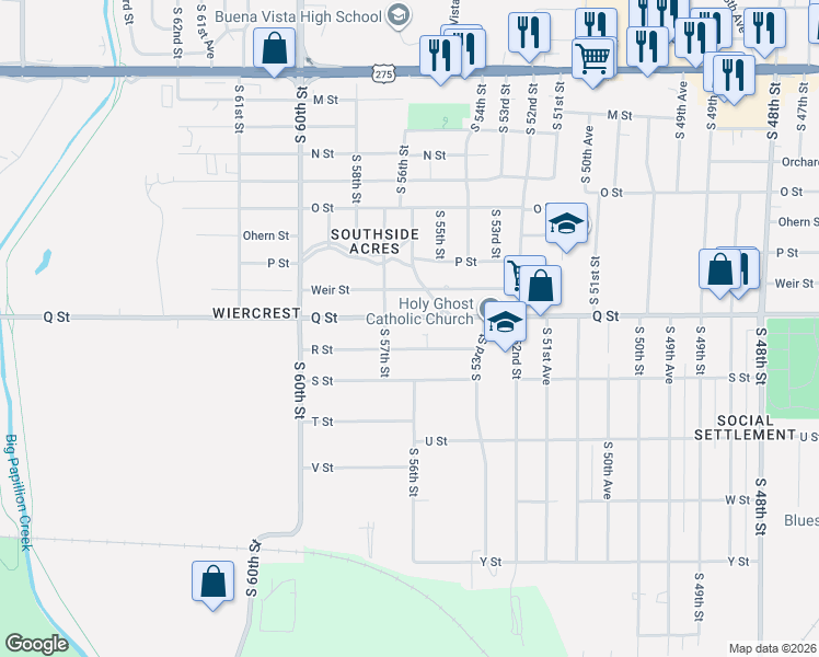 map of restaurants, bars, coffee shops, grocery stores, and more near 5419 Q Street in Omaha