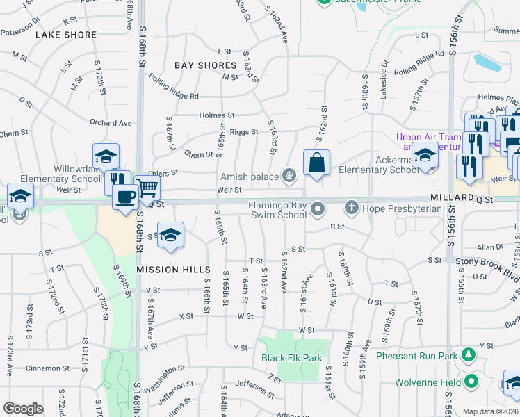 map of restaurants, bars, coffee shops, grocery stores, and more near 16306 R Street in Omaha