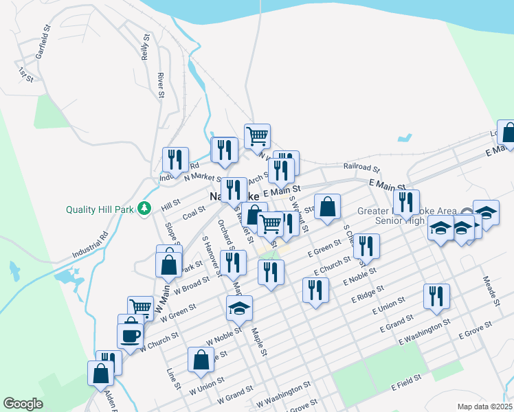 map of restaurants, bars, coffee shops, grocery stores, and more near 23 S Prospect St in Nanticoke