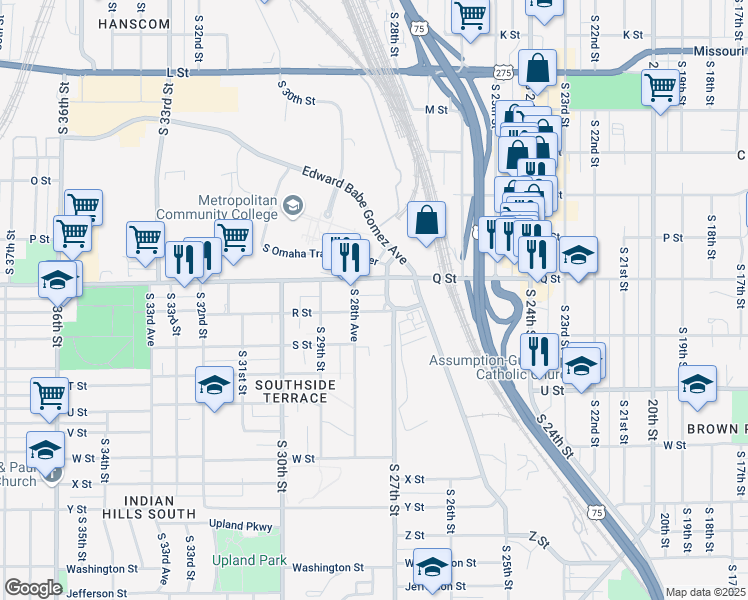 map of restaurants, bars, coffee shops, grocery stores, and more near 2712 R Street in Omaha