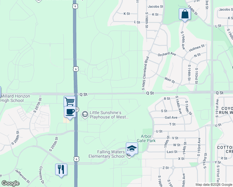 map of restaurants, bars, coffee shops, grocery stores, and more near 20052 Q Street in Omaha