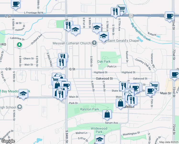 map of restaurants, bars, coffee shops, grocery stores, and more near 5208 South 80th Street in Ralston