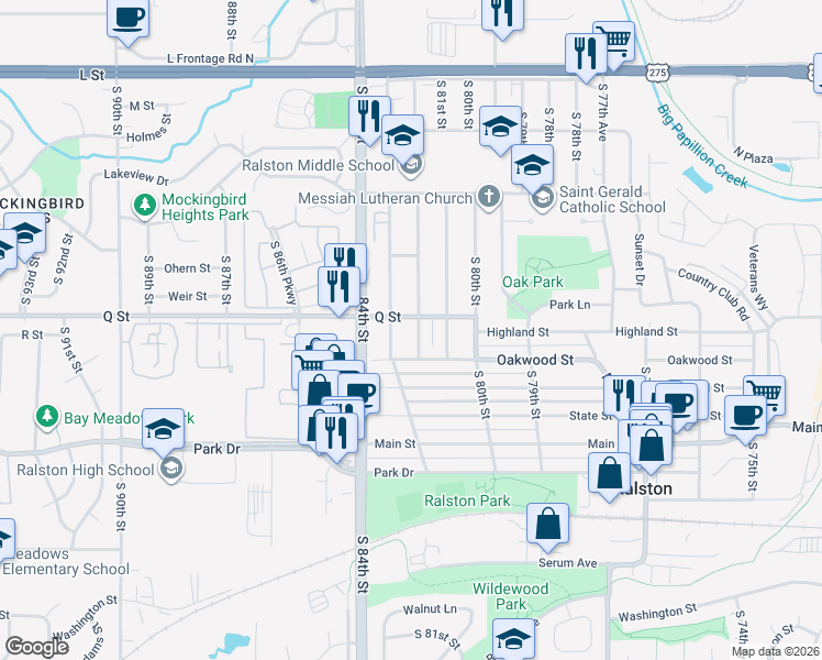 map of restaurants, bars, coffee shops, grocery stores, and more near 8113 Q Street in Ralston