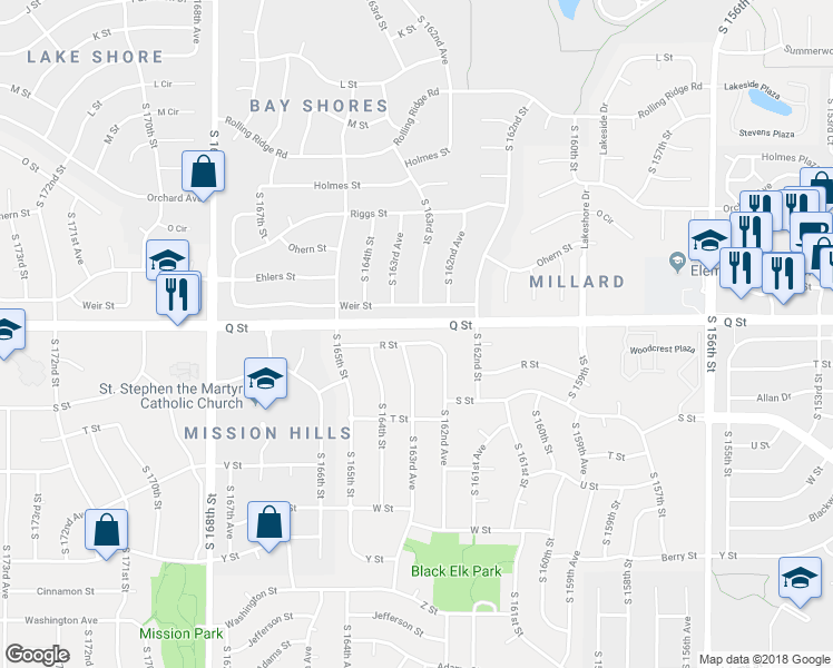 map of restaurants, bars, coffee shops, grocery stores, and more near 16306 R Street in Omaha