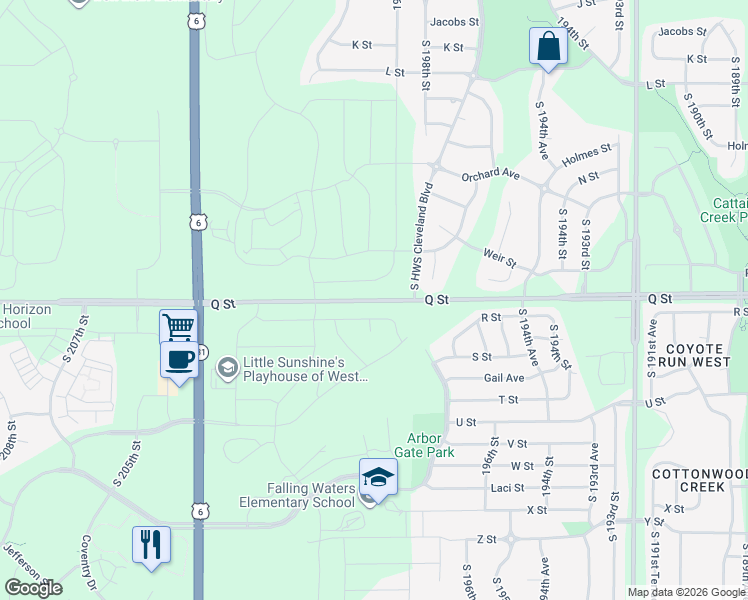 map of restaurants, bars, coffee shops, grocery stores, and more near 19924 Q Street in Omaha