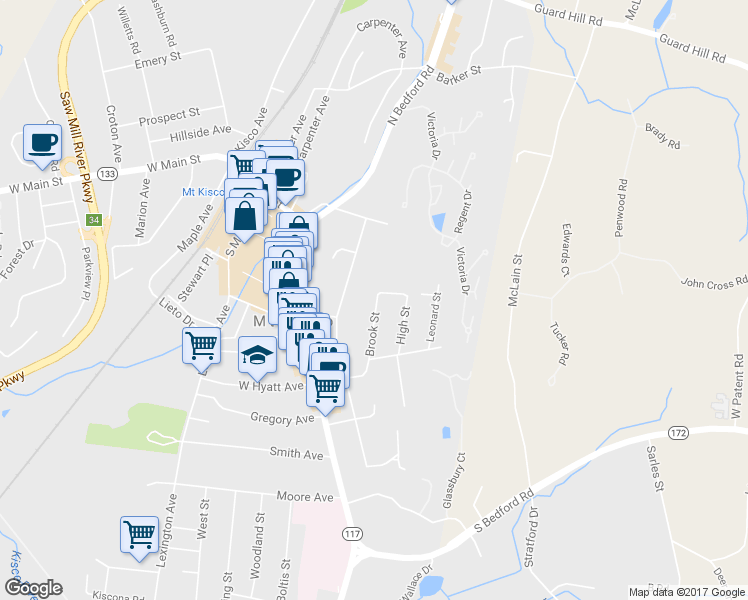map of restaurants, bars, coffee shops, grocery stores, and more near 4 Brook Street in Mount Kisco