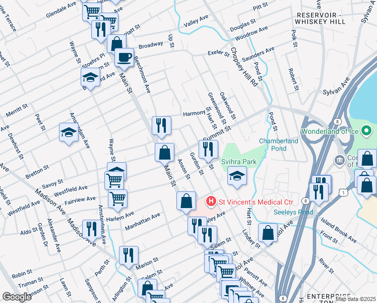 map of restaurants, bars, coffee shops, grocery stores, and more near 425 Summit Street in Bridgeport
