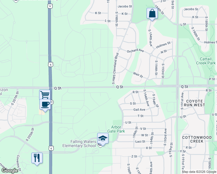map of restaurants, bars, coffee shops, grocery stores, and more near 19852 Q Street in Omaha