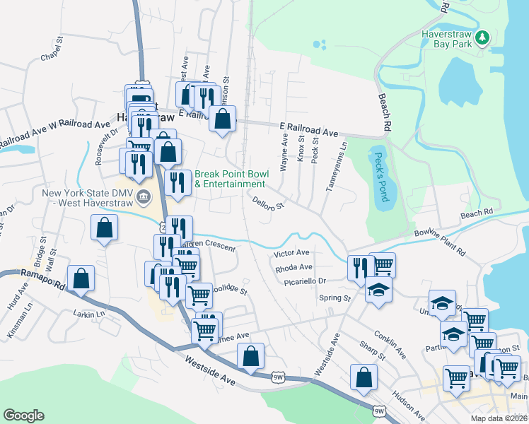 map of restaurants, bars, coffee shops, grocery stores, and more near 24 Delloro Street in West Haverstraw