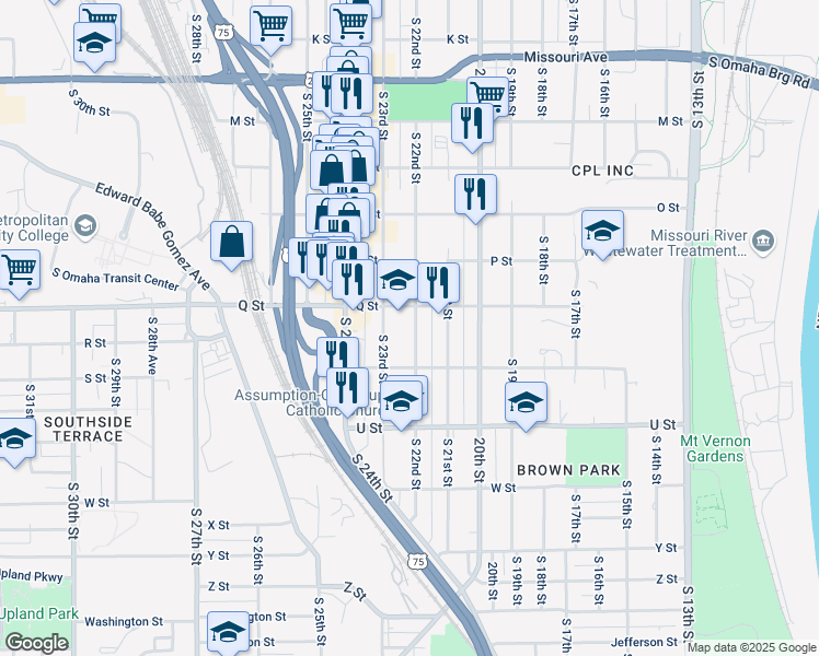 map of restaurants, bars, coffee shops, grocery stores, and more near 5218 South 22nd Street in Omaha