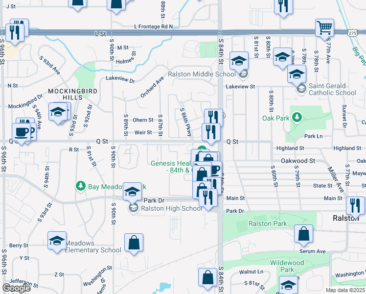 map of restaurants, bars, coffee shops, grocery stores, and more near 8625 Q Street in Omaha