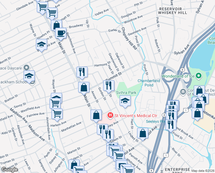 map of restaurants, bars, coffee shops, grocery stores, and more near 1122 Lindley Street in Bridgeport