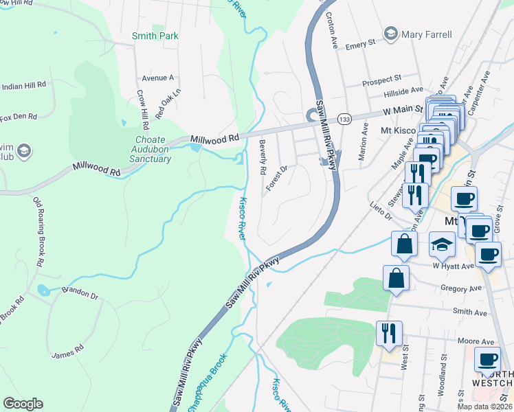 map of restaurants, bars, coffee shops, grocery stores, and more near 100 Beverly Road in Mount Kisco