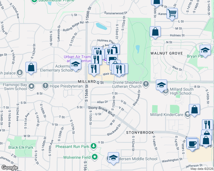 map of restaurants, bars, coffee shops, grocery stores, and more near 15314 R Street in Omaha